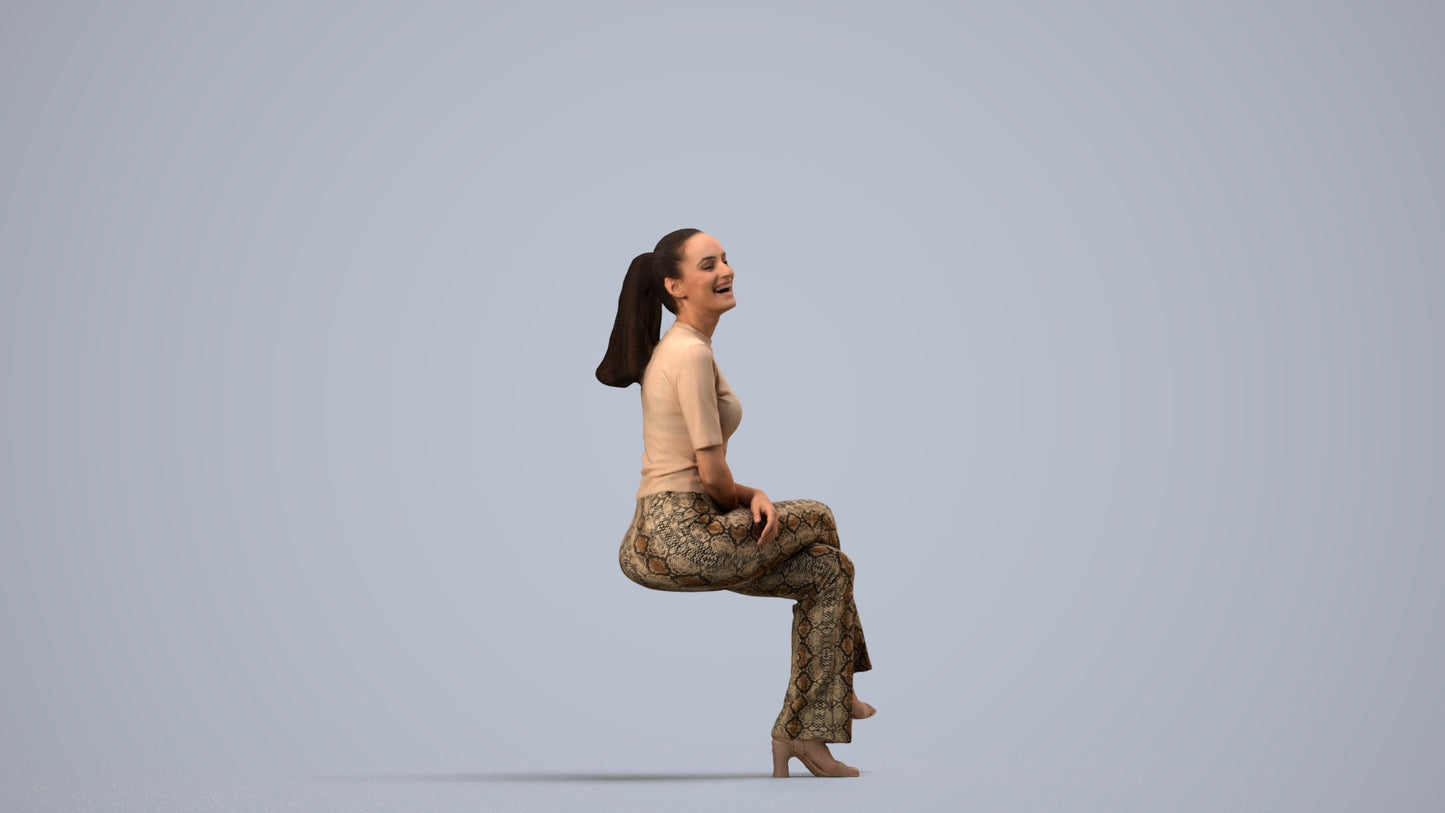 photogrammetry 3D woman casual sitting, realistic human model archviz FBX, side view render