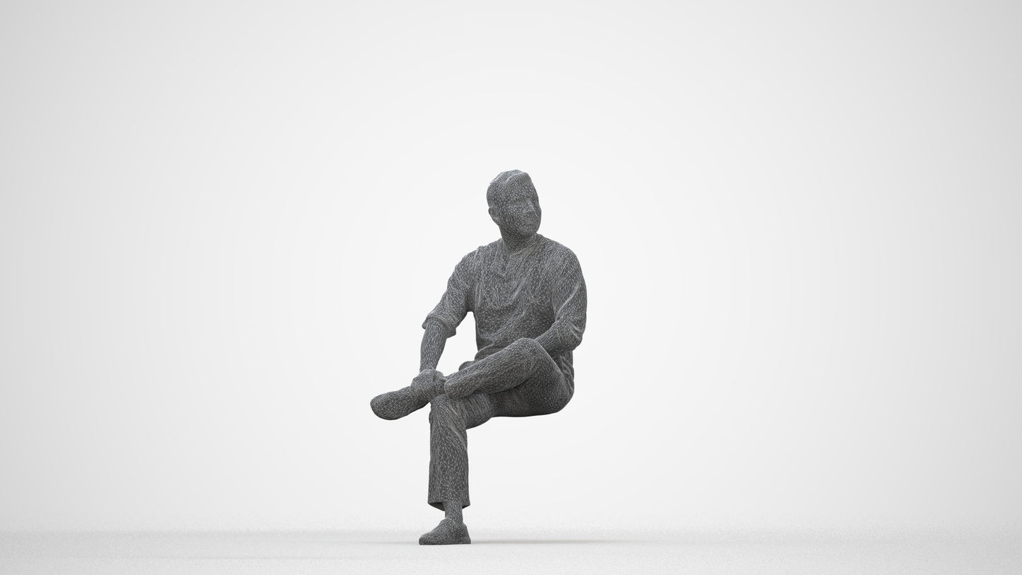 photogrammetry 3D man casual sitting, realistic human model archviz FBX, wireframe back view