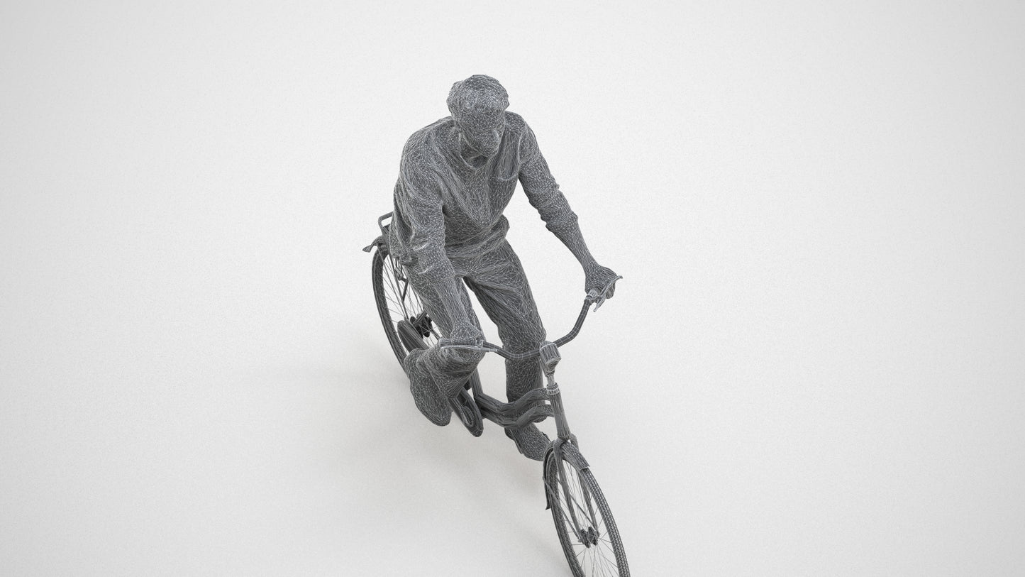 3D scanned man cycling casual, photorealistic archviz people for Enscape and SketchUp, wireframe three-quarter view