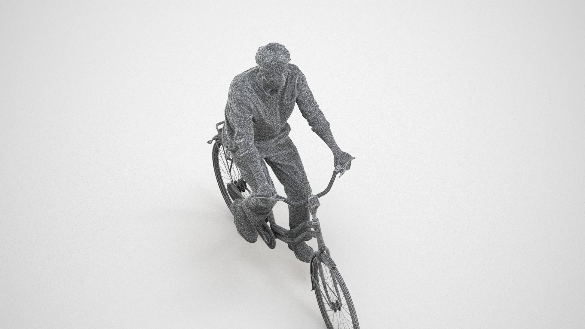 3D scanned man cycling casual, photorealistic archviz people for Enscape and SketchUp, wireframe three-quarter view