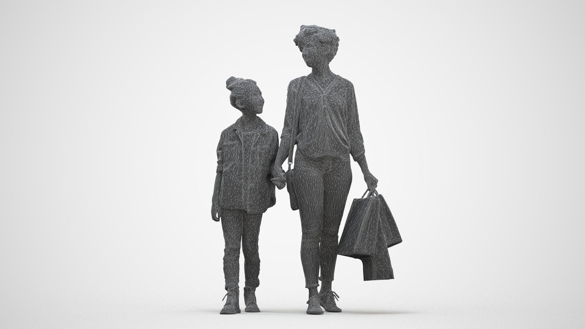 3D human model girl casual kids, photogrammetry scanned person for archviz, three-quarter front view render