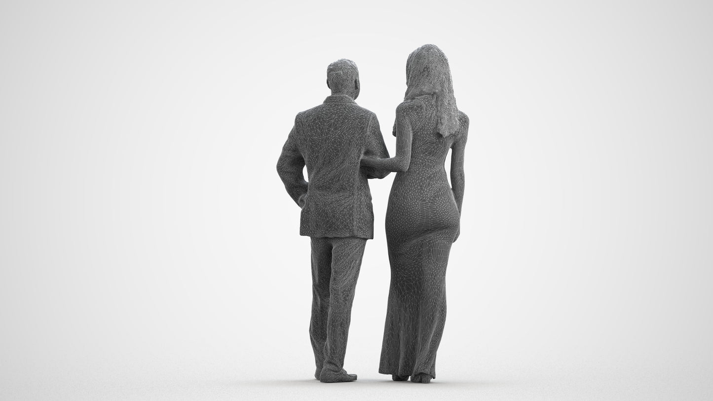 3D human model woman formal couple, photogrammetry scanned person for archviz, wireframe front view