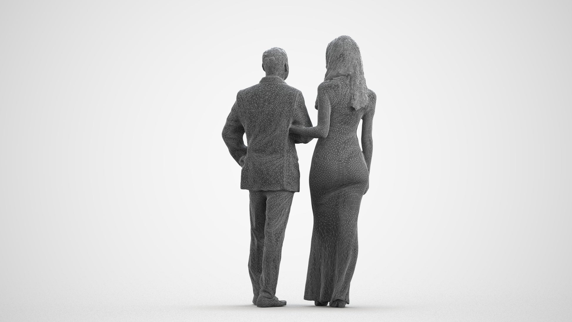 3D human model woman formal couple, photogrammetry scanned person for archviz, wireframe front view