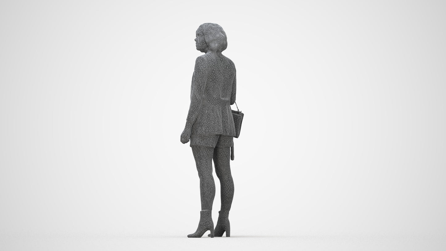 realistic 3D woman business standing, scanned archviz people for Blender and 3ds Max, wireframe back view