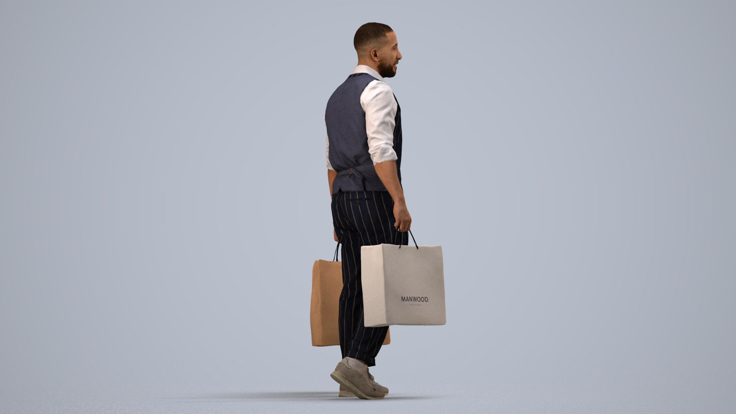 3D human model man casual shopping, photogrammetry scanned person for archviz, side view render
