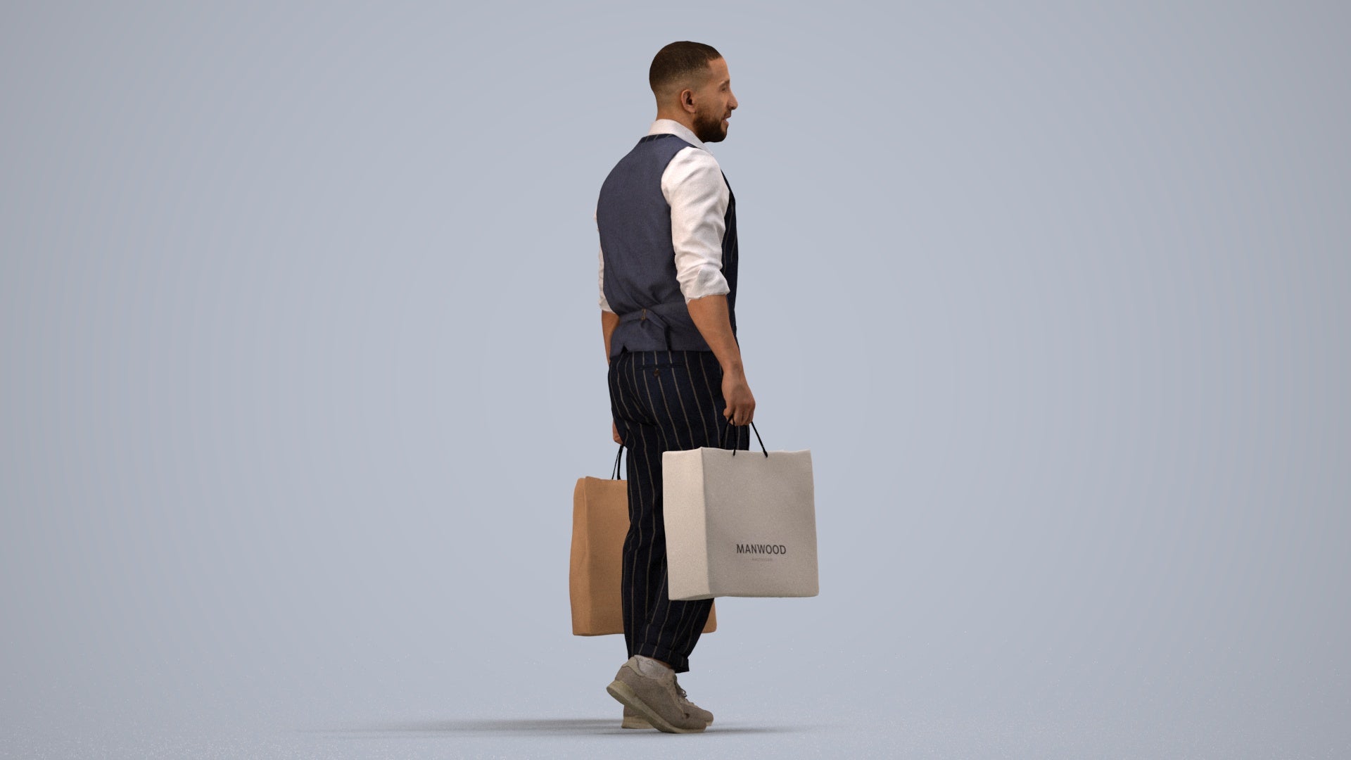 3D human model man casual shopping, photogrammetry scanned person for archviz, side view render