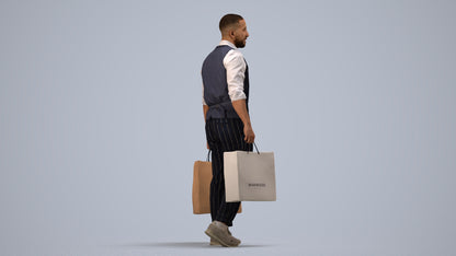 3D human model man casual shopping, photogrammetry scanned person for archviz, side view render