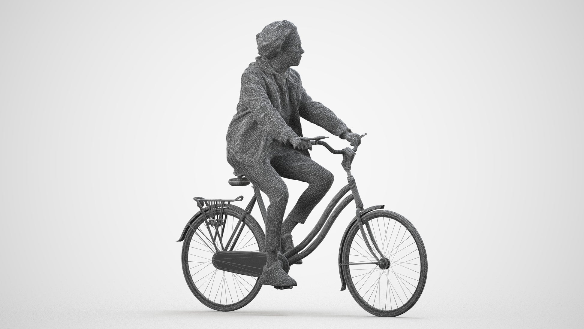 realistic 3D man casual cycling, scanned archviz people for Blender and 3ds Max, wireframe side view