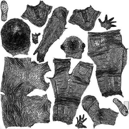 3D human model woman casual walking, photogrammetry scanned person for archviz, wireframe top-down view