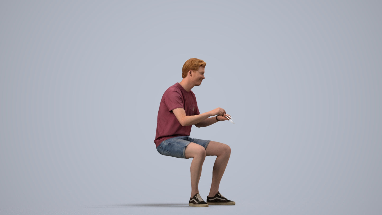 realistic 3D human man casual sitting, archviz people FBX OBJ for Blender, side view render