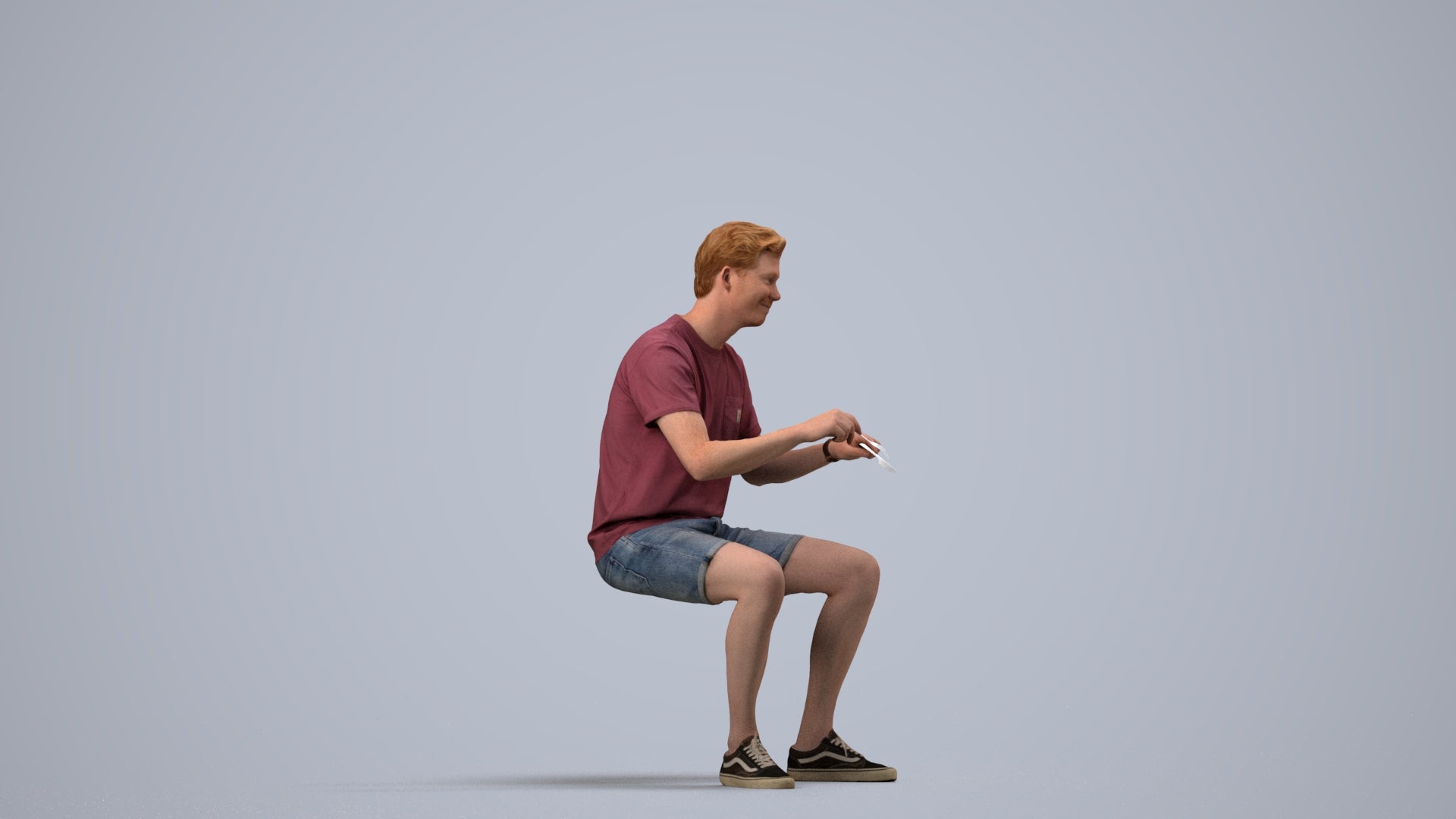realistic 3D human man casual sitting, archviz people FBX OBJ for Blender, side view render