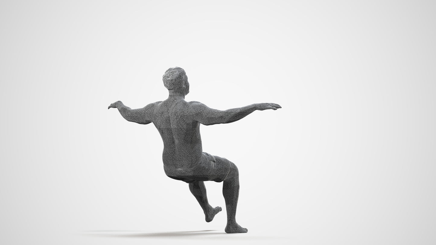 3D human model man pool, photogrammetry scanned person for archviz, wireframe side view