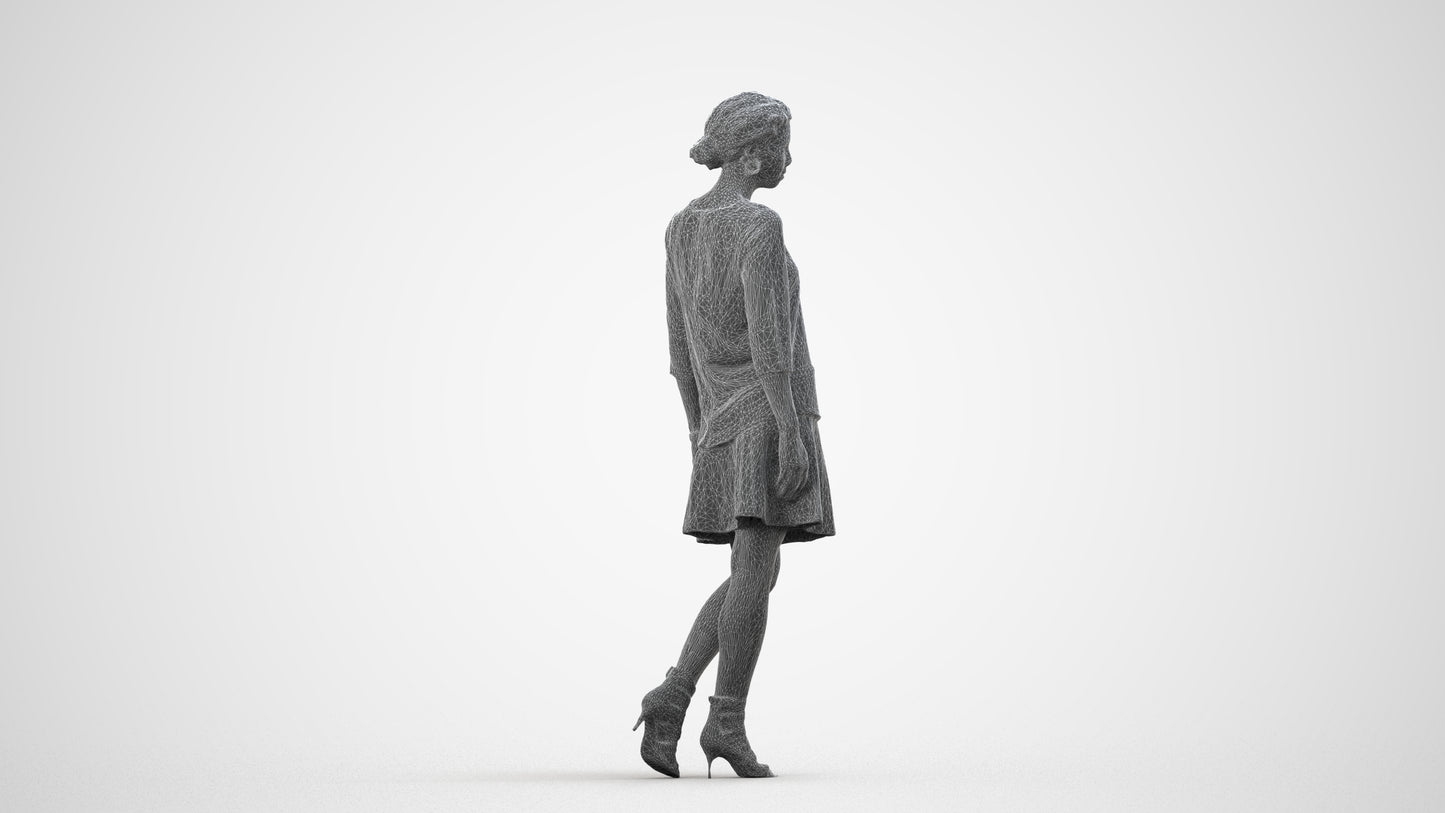 realistic 3D woman business standing, scanned archviz people for Blender and 3ds Max, wireframe side view