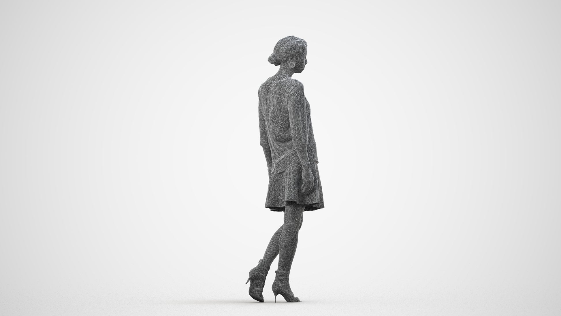 realistic 3D woman business standing, scanned archviz people for Blender and 3ds Max, wireframe side view