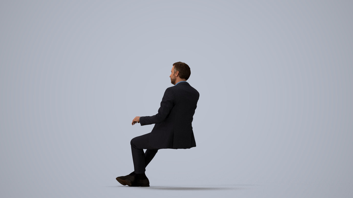 3D human model man business sitting, photogrammetry scanned person for archviz, three-quarter view render