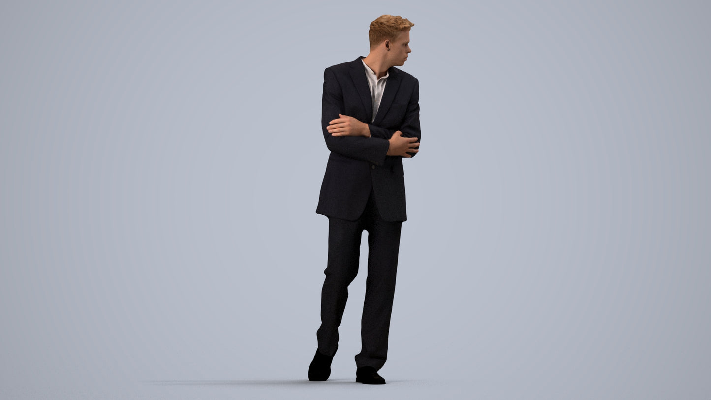 3D human model man business, photogrammetry scanned person for archviz, side view render