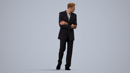 3D human model man business, photogrammetry scanned person for archviz, side view render