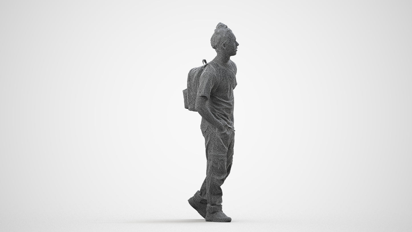 3D human model man casual walking, photogrammetry scanned person for archviz, wireframe side view