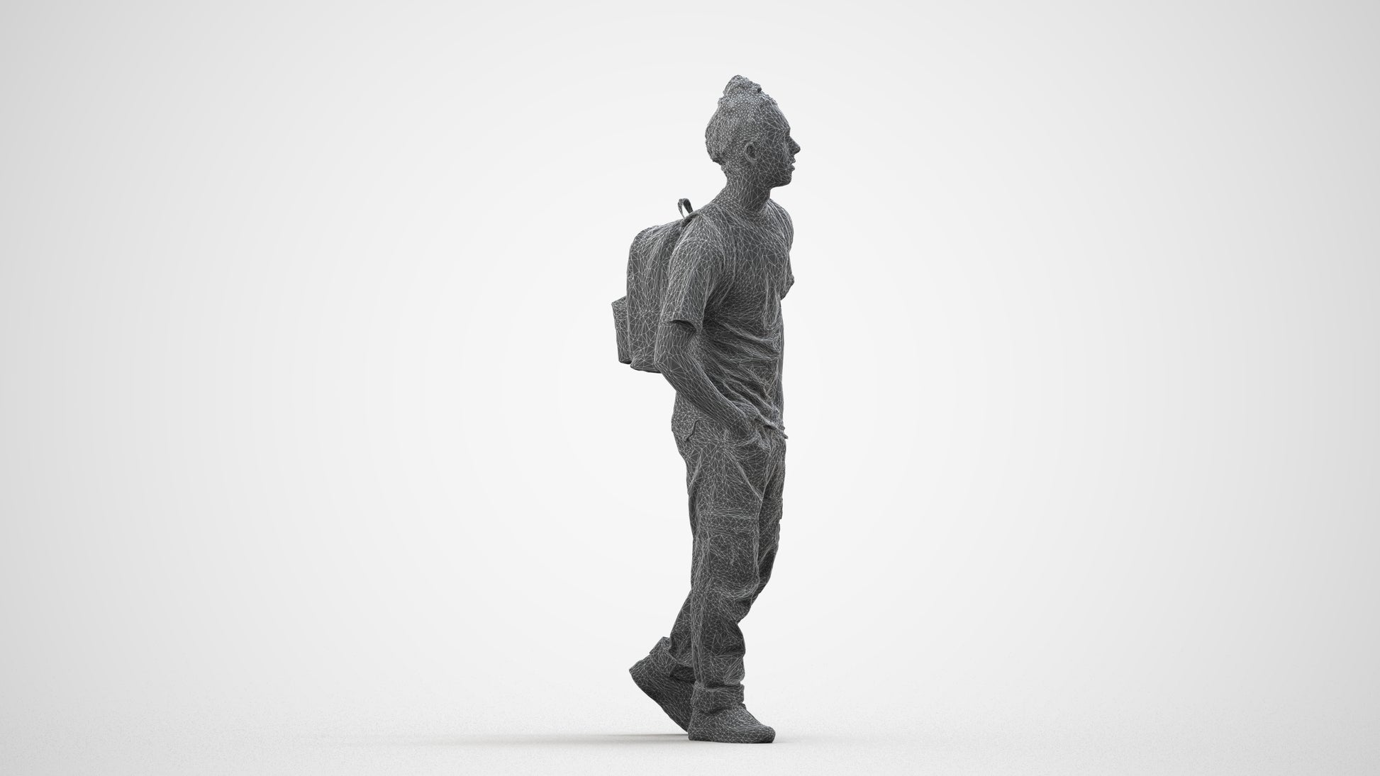 3D human model man casual walking, photogrammetry scanned person for archviz, wireframe side view
