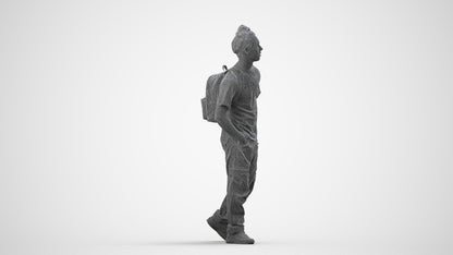 3D human model man casual walking, photogrammetry scanned person for archviz, wireframe side view