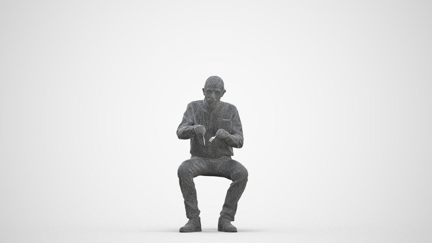 3D human model senior man casual sitting, photogrammetry scanned person for archviz, three-quarter front view render