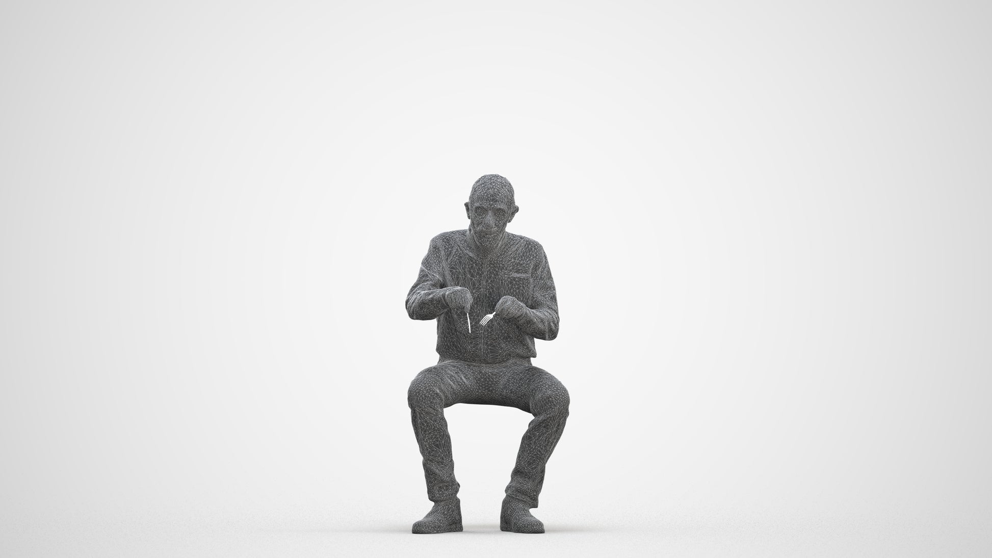 3D human model senior man casual sitting, photogrammetry scanned person for archviz, three-quarter front view render