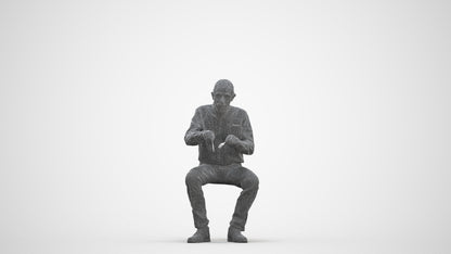 3D human model senior man casual sitting, photogrammetry scanned person for archviz, three-quarter front view render