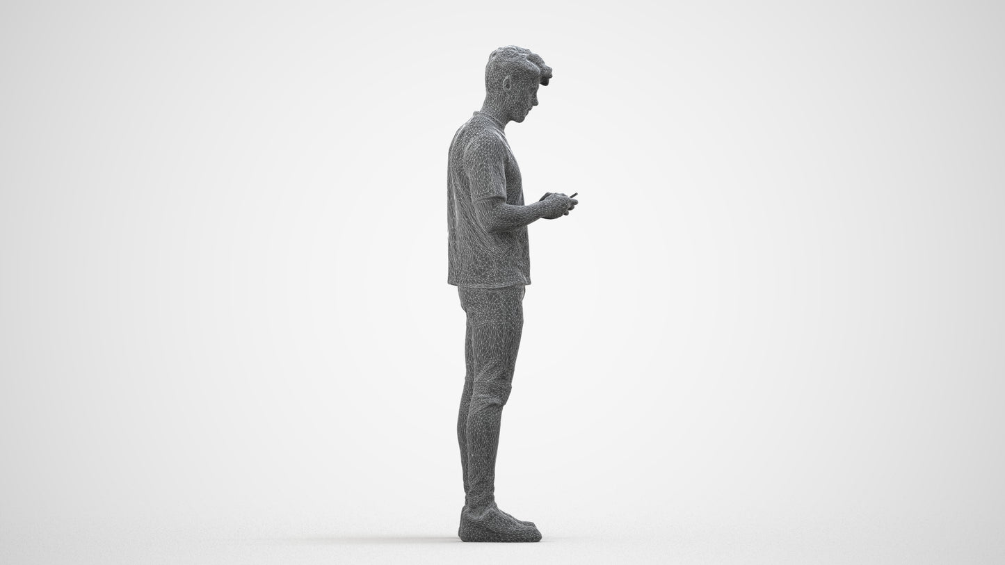 3D scanned man standing casual, photorealistic archviz people for Enscape and SketchUp, wireframe side view