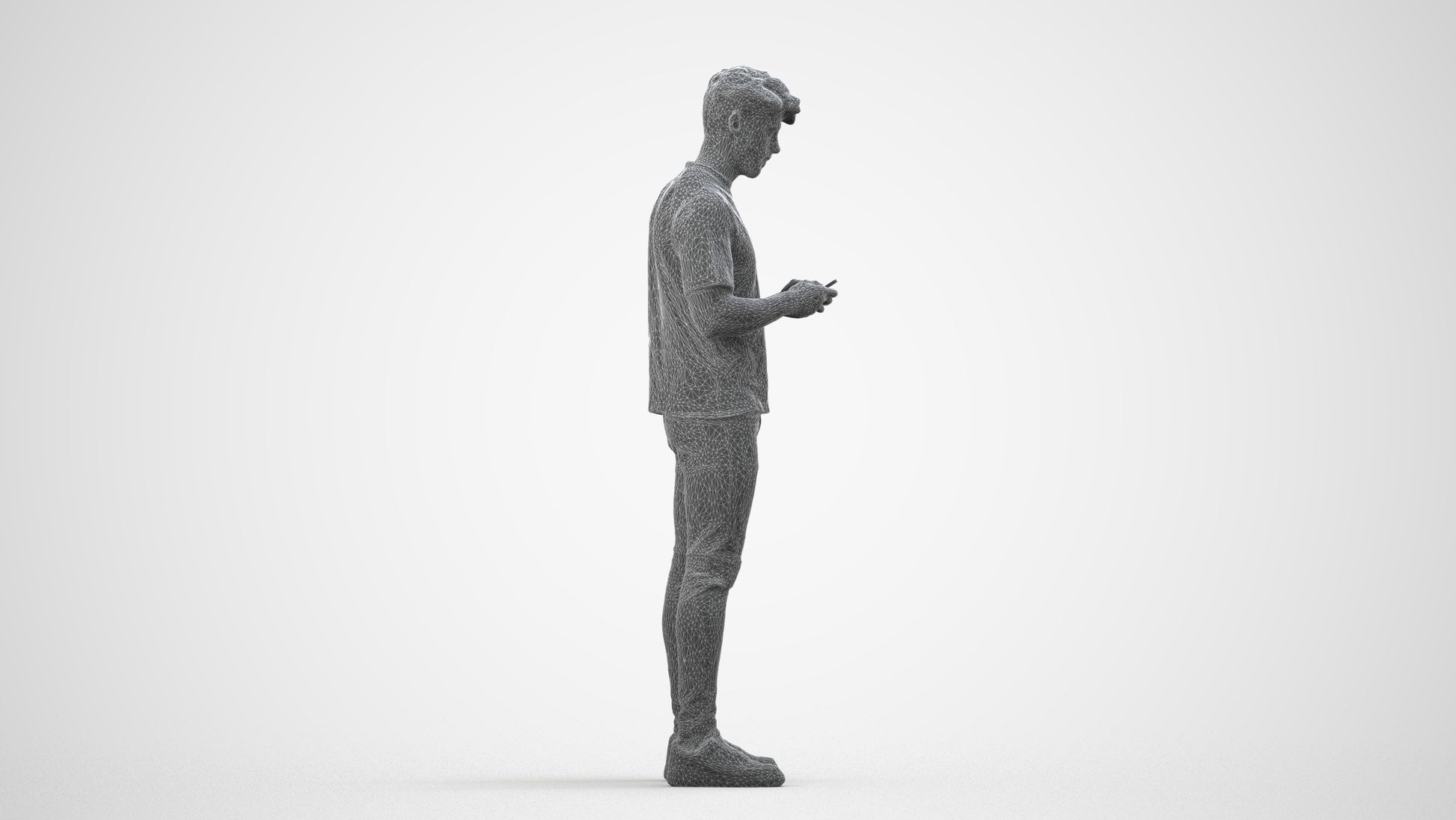 3D scanned man standing casual, photorealistic archviz people for Enscape and SketchUp, wireframe side view