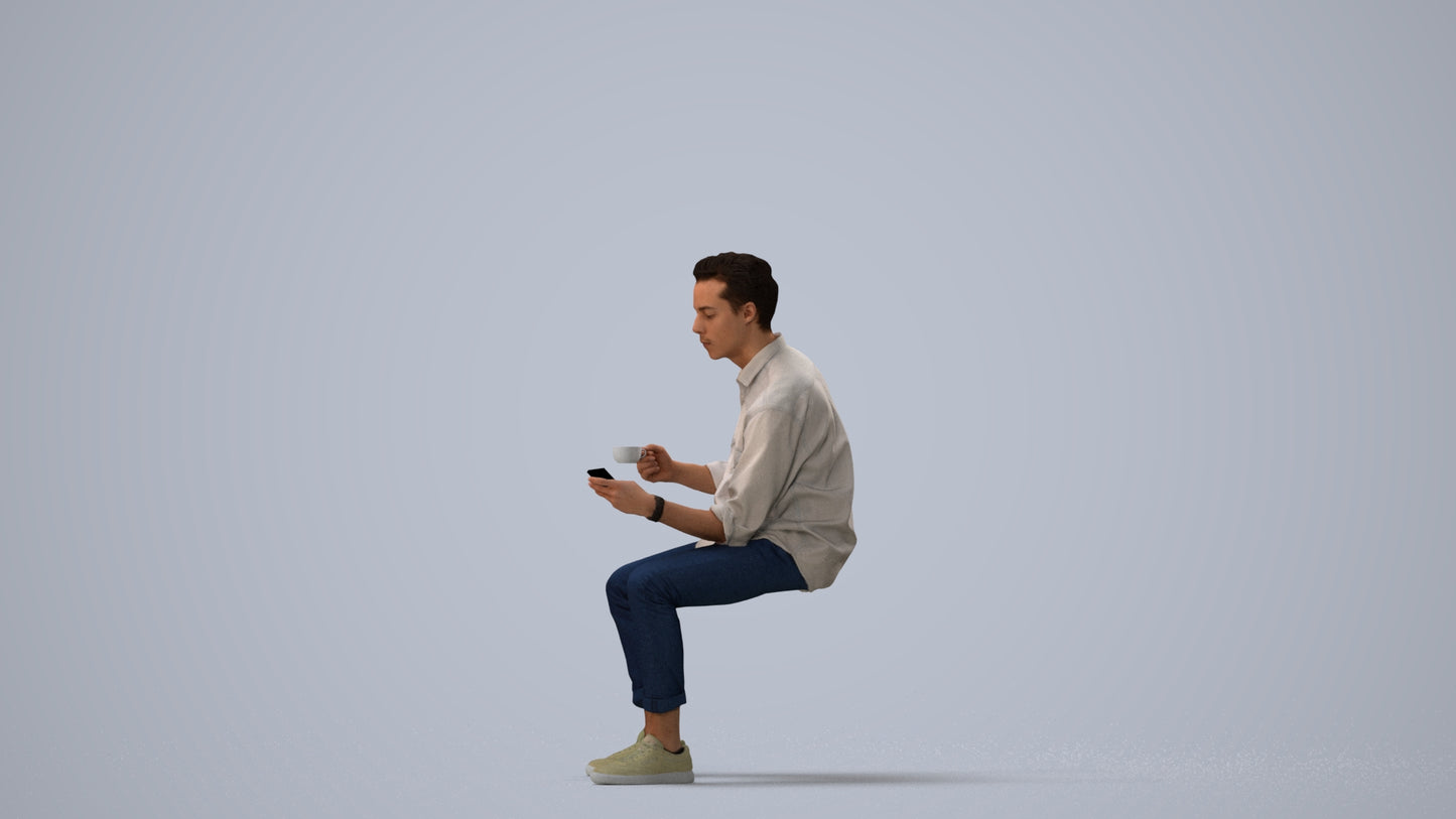 3D human model man casual sitting, photogrammetry scanned person for archviz, three-quarter view render