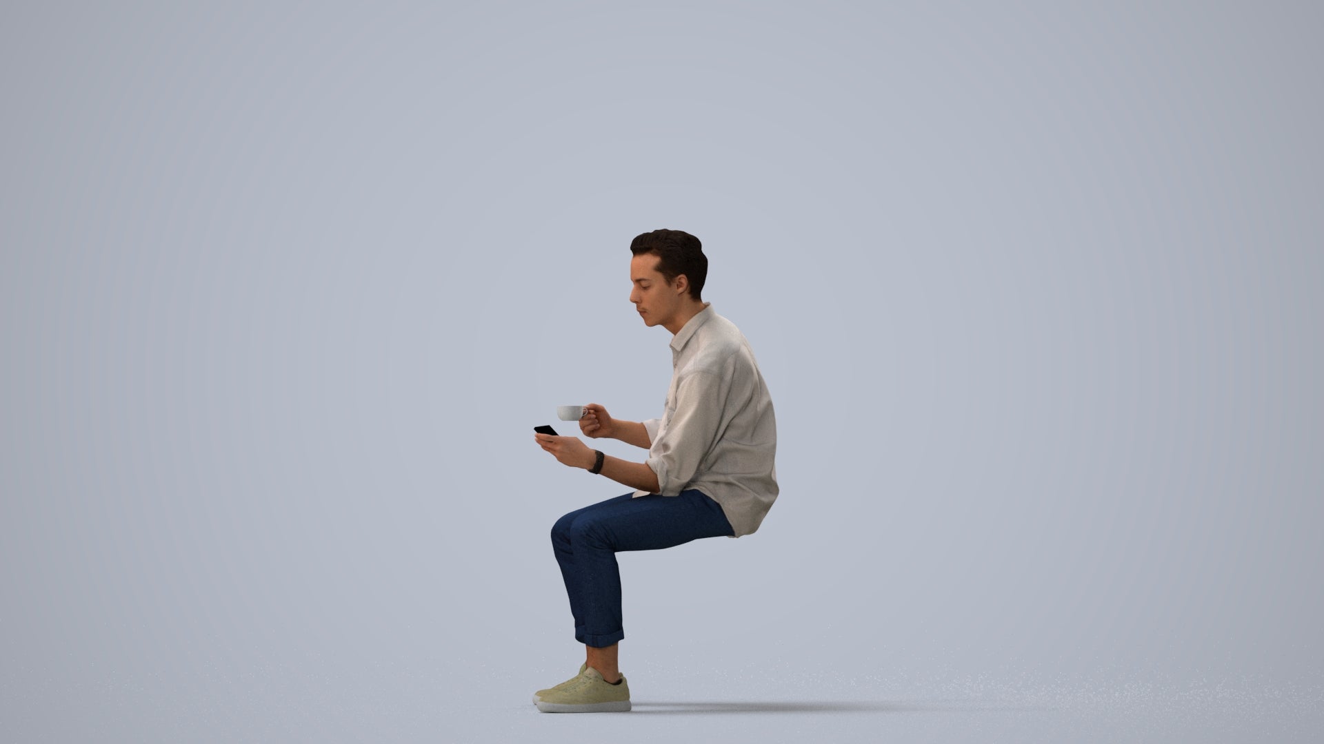 3D human model man casual sitting, photogrammetry scanned person for archviz, three-quarter view render