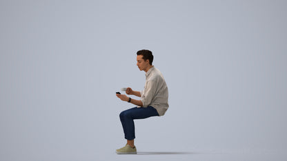 3D human model man casual sitting, photogrammetry scanned person for archviz, three-quarter view render