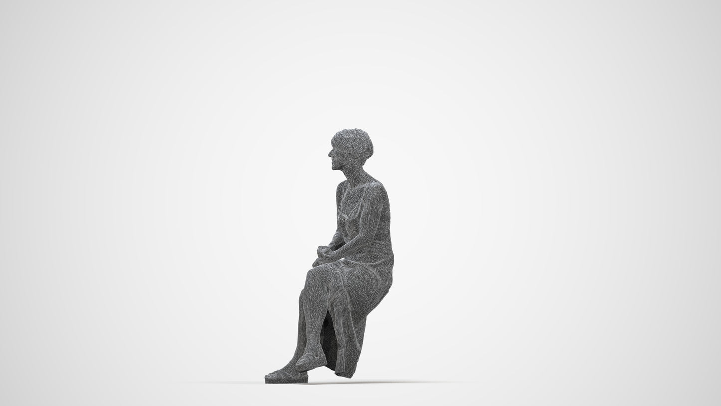 3D people model senior woman sitting, scanned human for 3ds Max rendering, wireframe back view