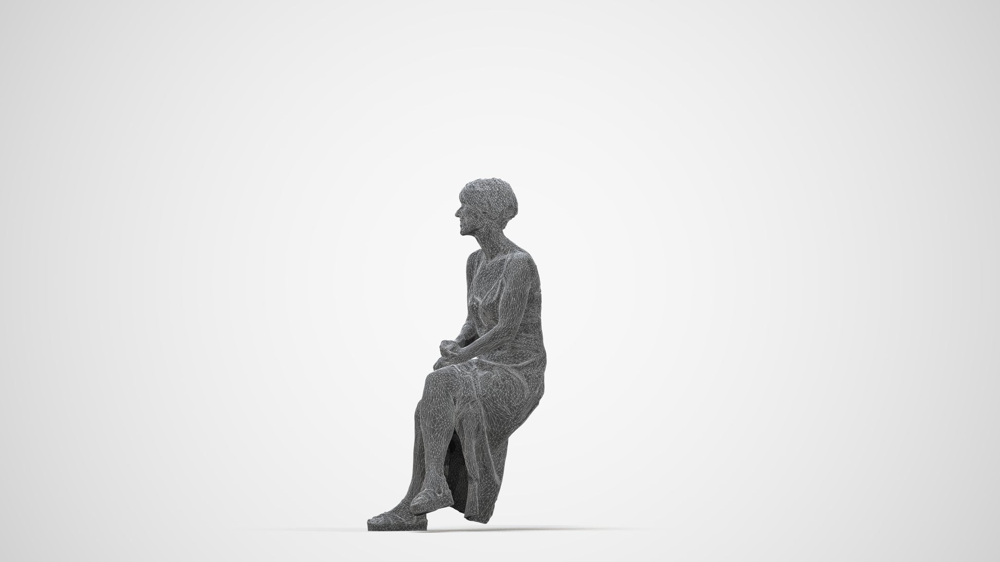 3D people model senior woman sitting, scanned human for 3ds Max rendering, wireframe back view