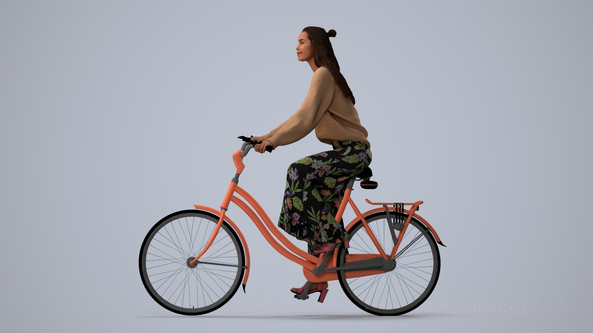 3D human model woman casual cycling, photogrammetry scanned person for archviz, three-quarter view render