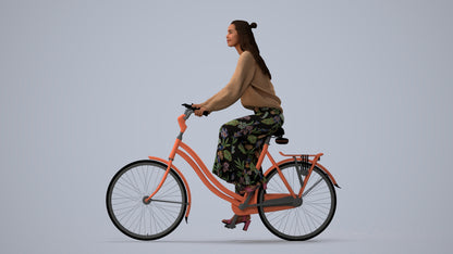 3D human model woman casual cycling, photogrammetry scanned person for archviz, three-quarter view render