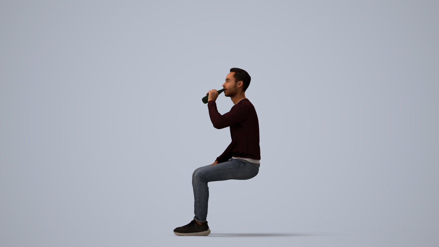 realistic 3D man casual sitting, scanned archviz people for Blender and 3ds Max, three-quarter view render