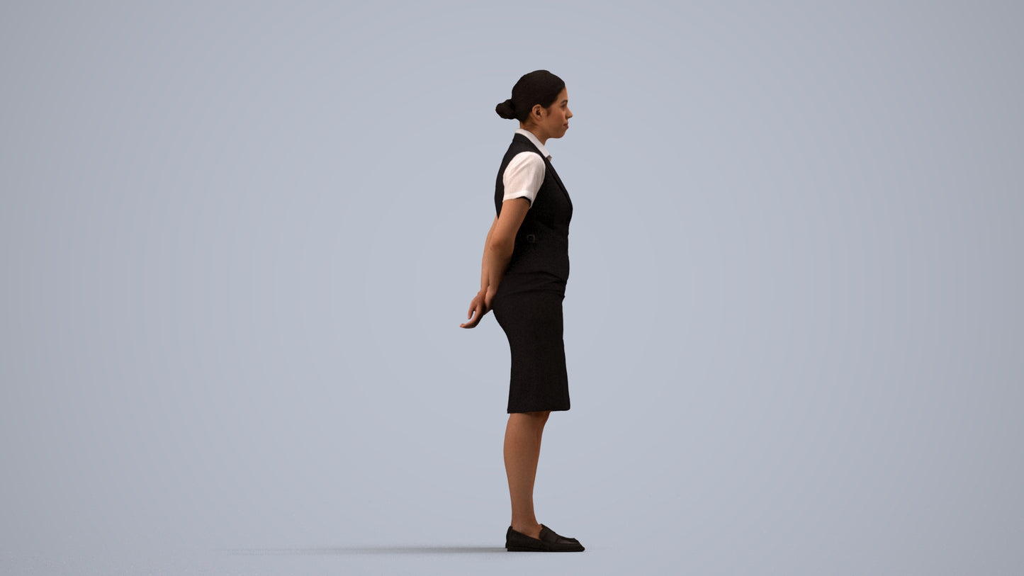 realistic 3D people woman hospitality, render-ready for V-Ray and Corona, FBX OBJ, side view render