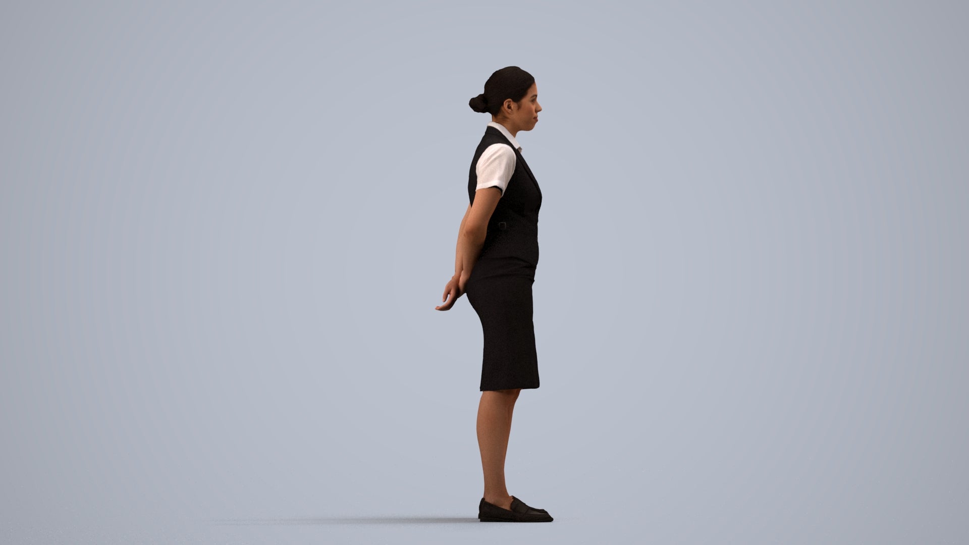 realistic 3D people woman hospitality, render-ready for V-Ray and Corona, FBX OBJ, side view render