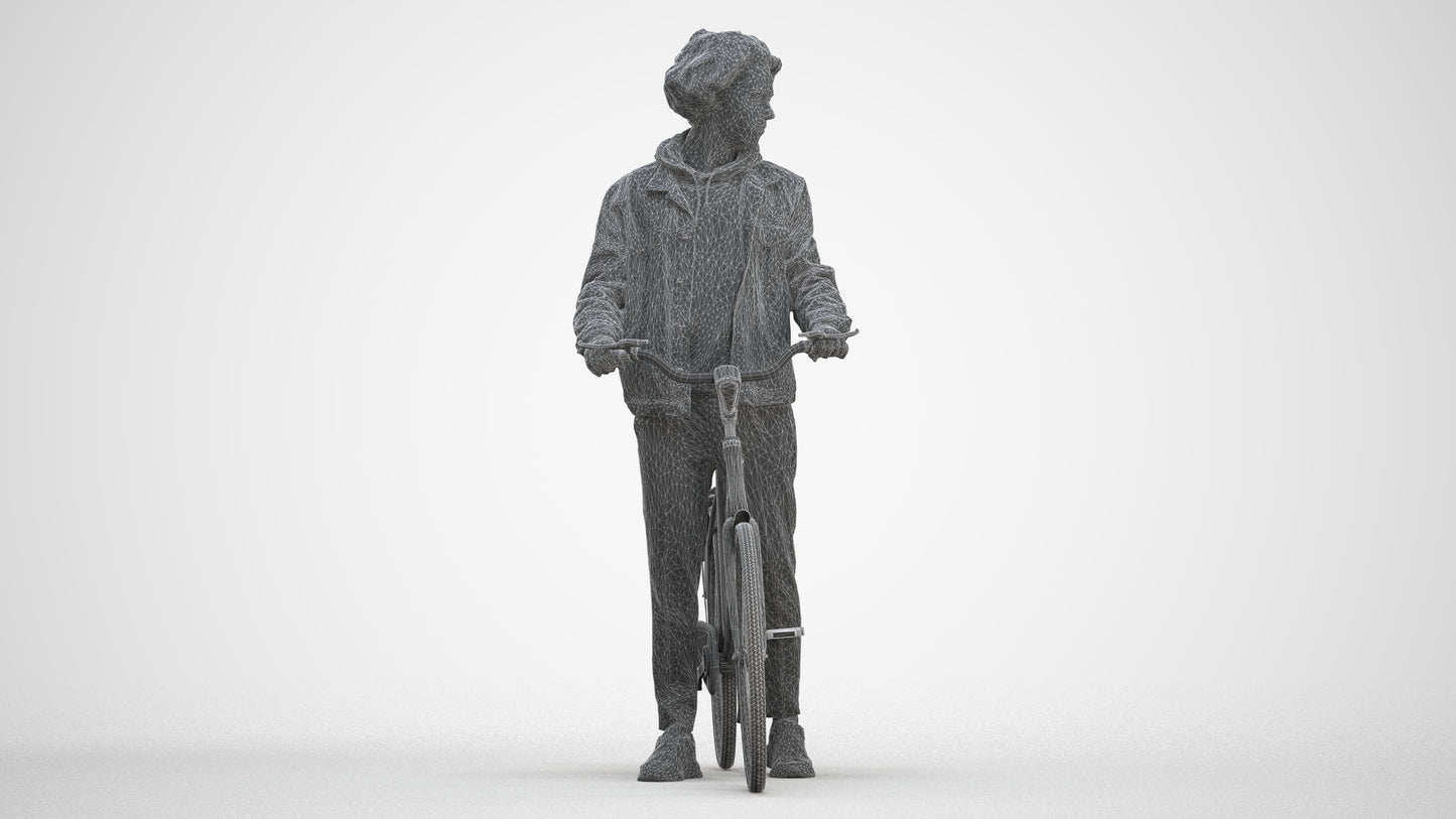 3D human model man casual cycling, photogrammetry scanned person for archviz, three-quarter front view render