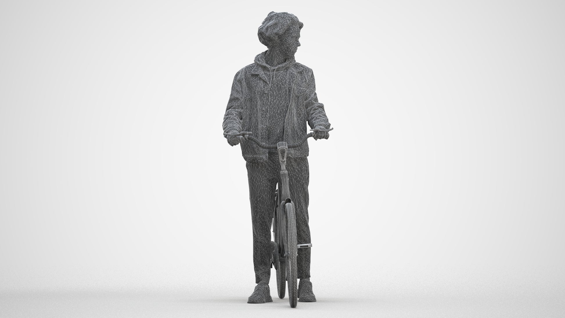 3D human model man casual cycling, photogrammetry scanned person for archviz, three-quarter front view render