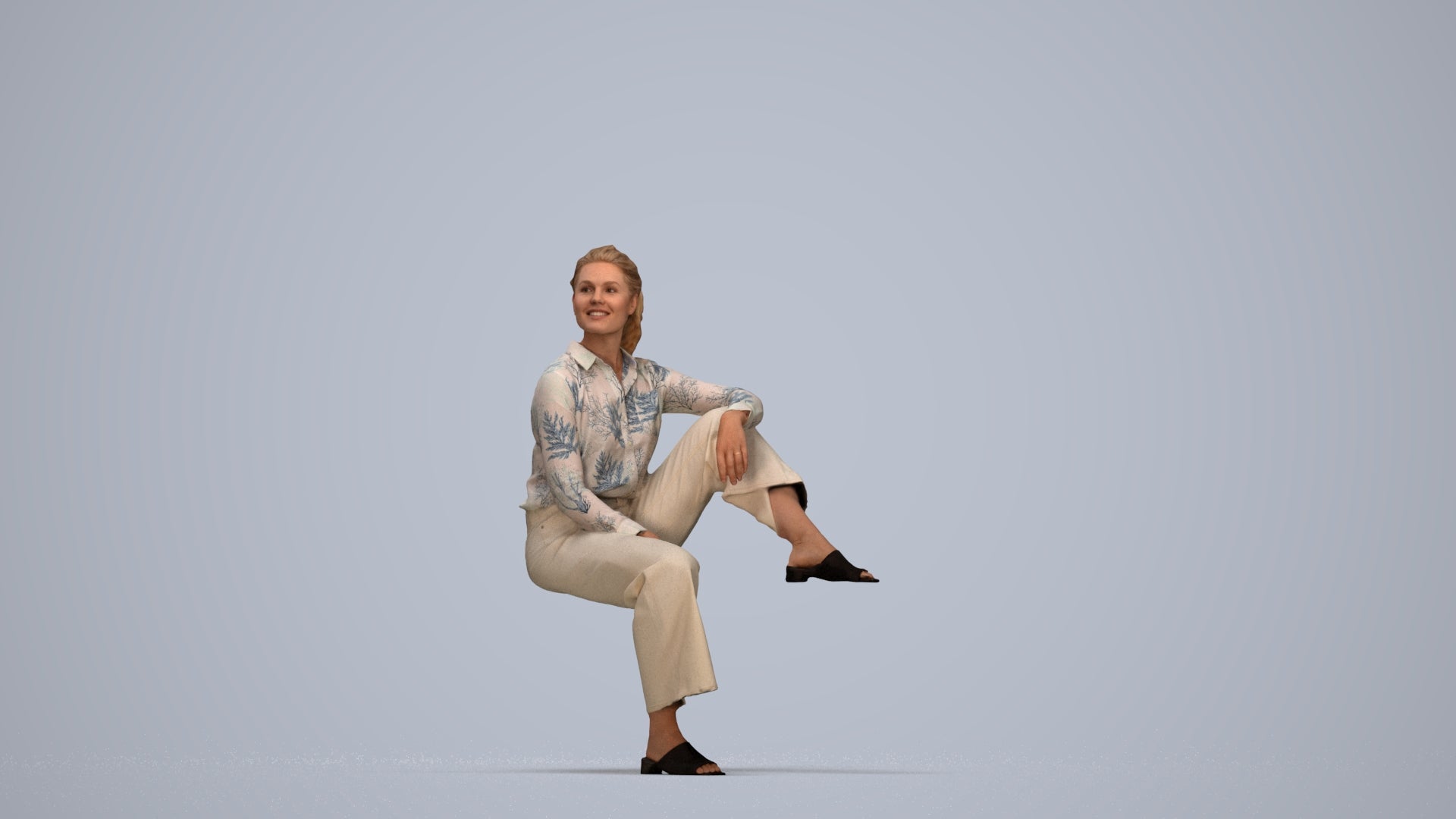scanned 3D woman casual sitting, photogrammetry people for Enscape and V-Ray, top-down view render