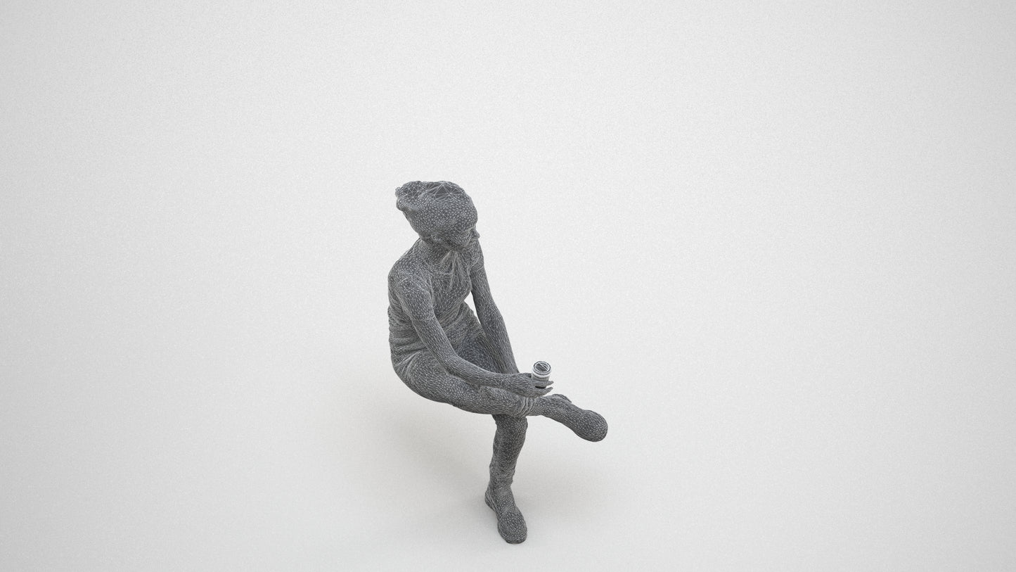 realistic 3D human woman casual sitting, archviz people FBX OBJ for Blender, wireframe three-quarter view