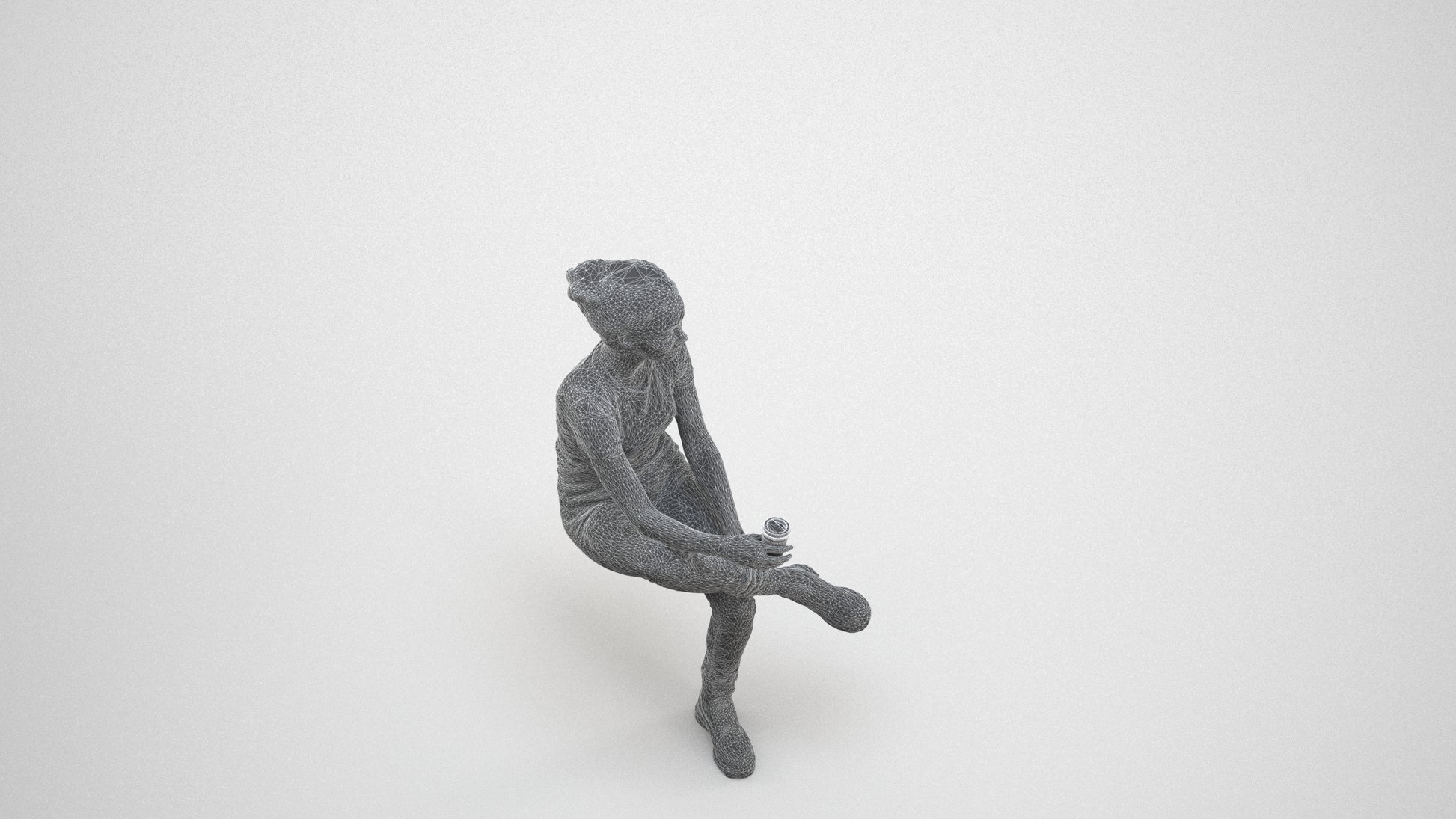 realistic 3D human woman casual sitting, archviz people FBX OBJ for Blender, wireframe three-quarter view