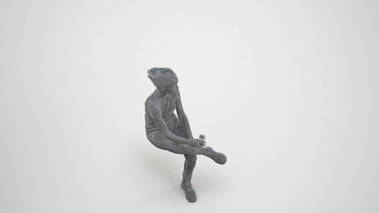realistic 3D human woman casual sitting, archviz people FBX OBJ for Blender, wireframe three-quarter view