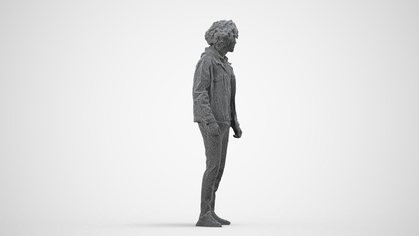 3D human model man casual standing, photogrammetry scanned person for archviz, wireframe side view