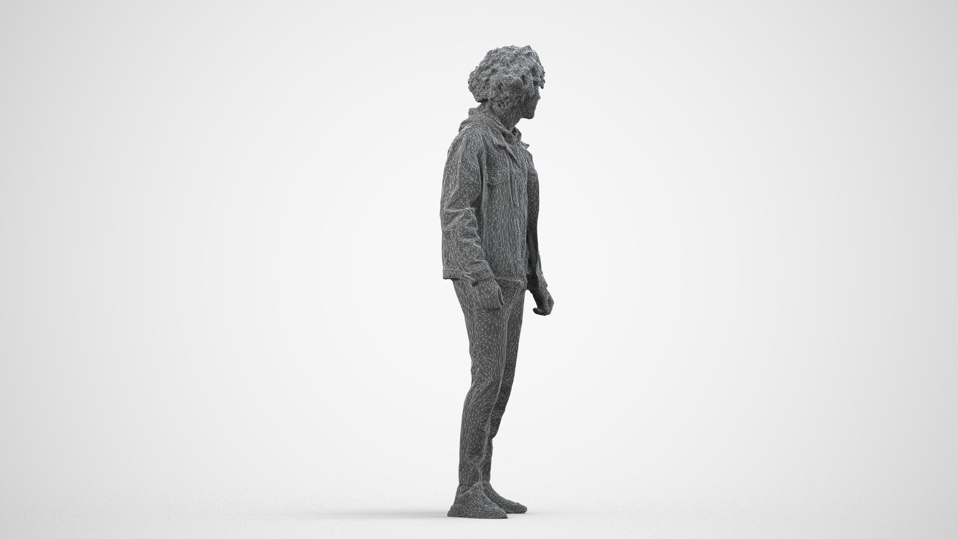 3D human model man casual standing, photogrammetry scanned person for archviz, wireframe side view