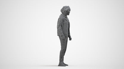 3D human model man casual standing, photogrammetry scanned person for archviz, wireframe side view