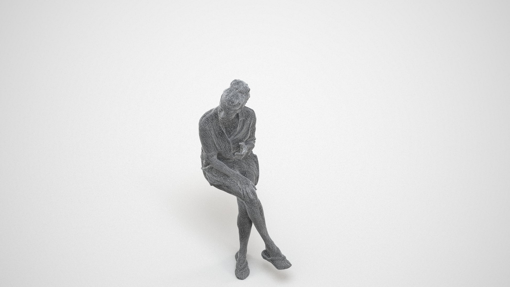 realistic 3D human woman business sitting, archviz people FBX OBJ for Blender, wireframe three-quarter view