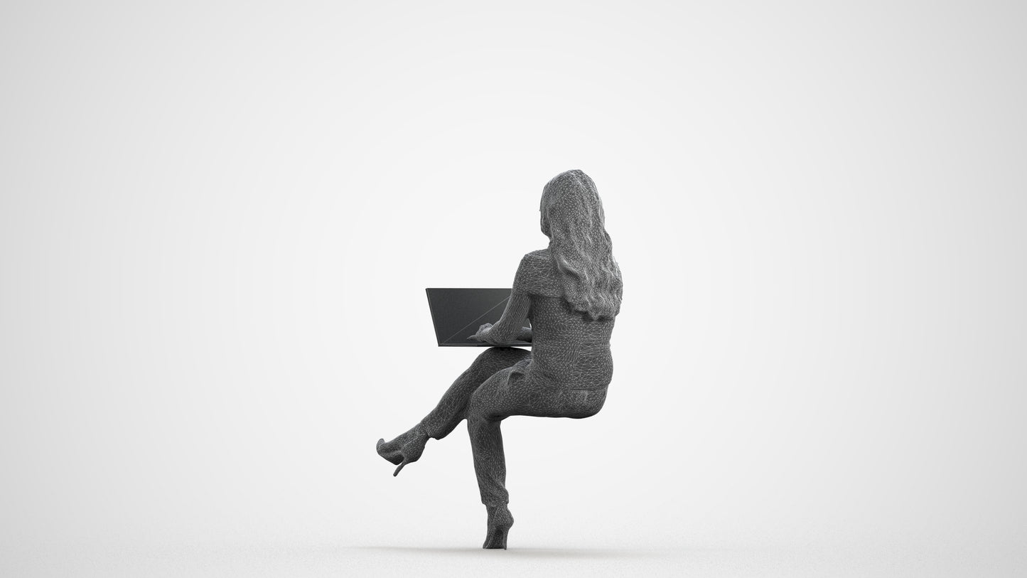 realistic 3D human woman business sitting, archviz people FBX OBJ for Blender, wireframe front view